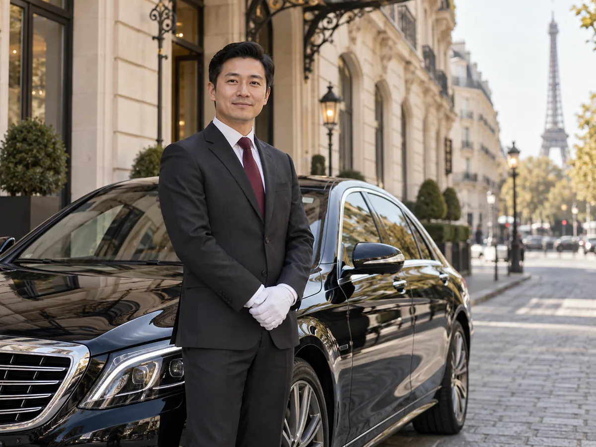 巴黎街景中站在奔驰豪华车旁的专业中文司机