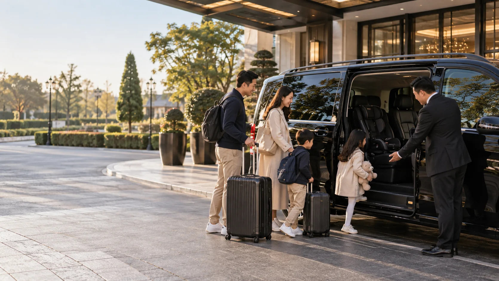 家庭旅客在巴黎郊外由无品牌商务车接送的中性场景