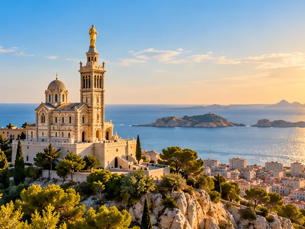 马赛守护圣母圣殿与海岸主题的AI示意图